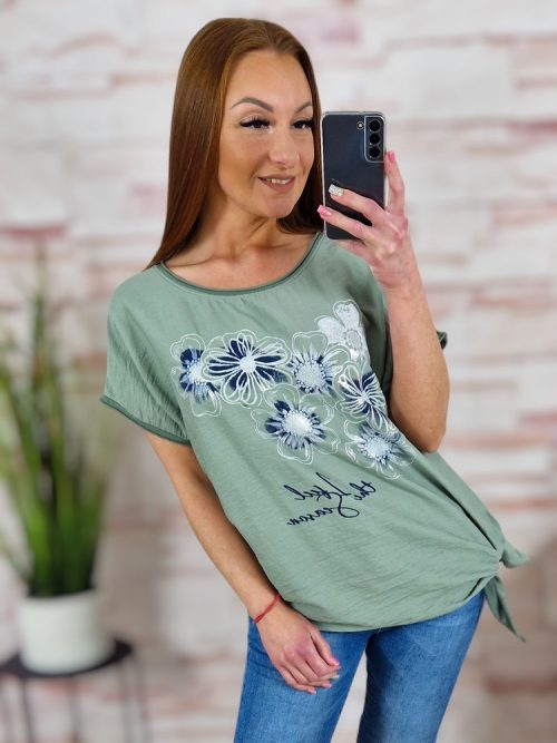 Virágmintás, oldalt megkötős, rövid ujjú felső L-XL