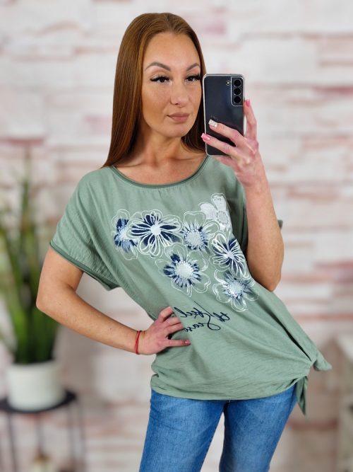 Virágmintás, oldalt megkötős, rövid ujjú felső L-XL