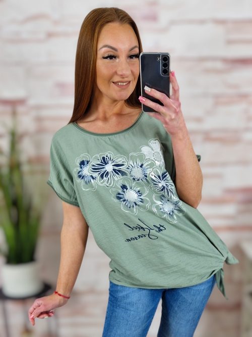 Virágmintás, oldalt megkötős, rövid ujjú felső L-XL