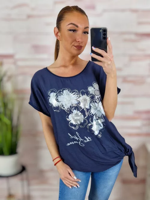 Virágmintás, oldalt megkötős, rövid ujjú felső L-XL
