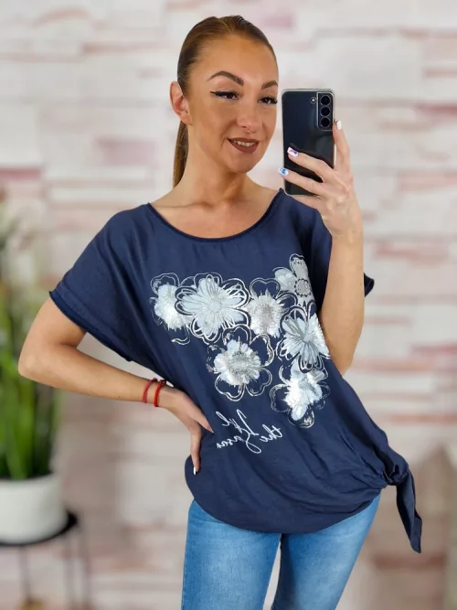 Virágmintás, oldalt megkötős, rövid ujjú felső L-XL