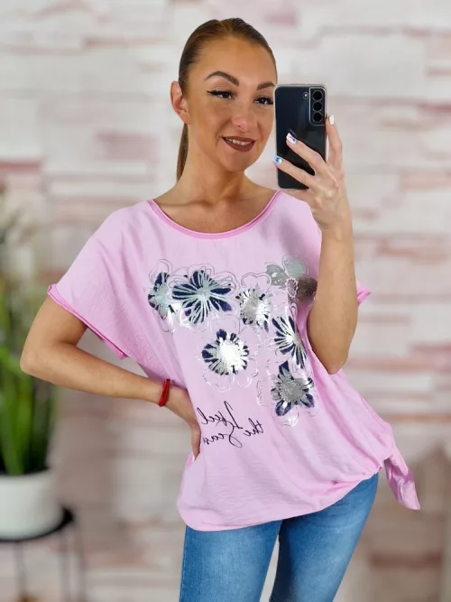 Virágmintás, oldalt megkötős, rövid ujjú felső L-XL