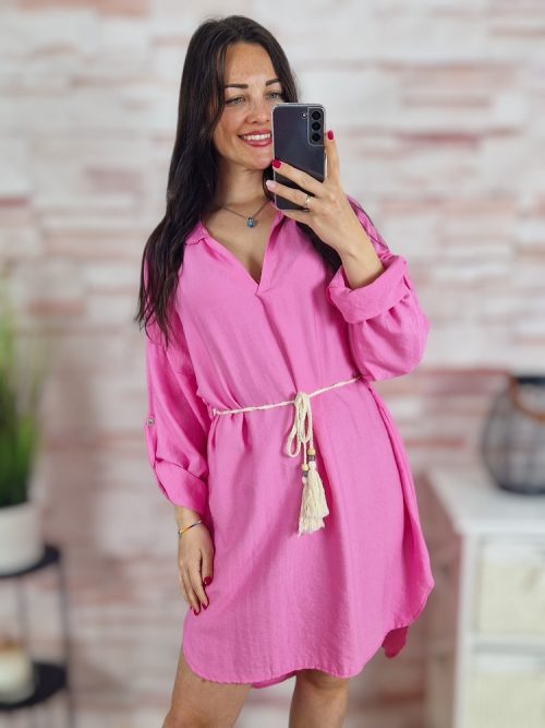 Hátul hosszított, roll-up ujjú, deréknál megkötős ruha M-L-XL