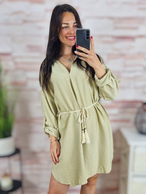 Hátul hosszított, roll-up ujjú, deréknál megkötős ruha M-L-XL