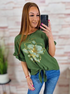 Virágmintás, fodros ujjú, alján megkötős felső M-L