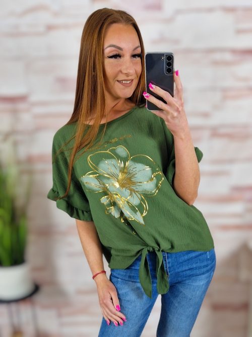 Virágmintás, fodros ujjú, alján megkötős felső M-L