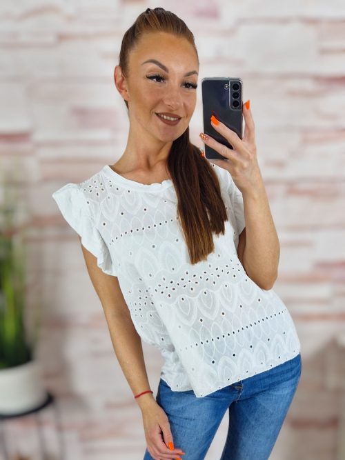 Pillangó ujjú, elején áttört hímzéses, 100% pamut felső M-L