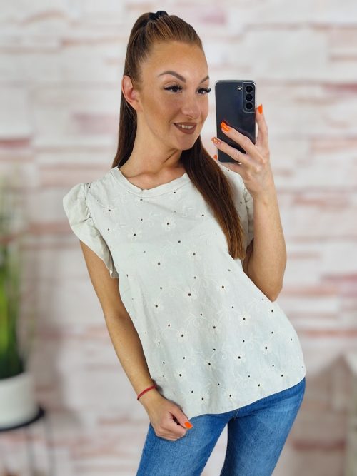 Pillangó ujjú, elején áttört hímzéses, 100% pamut felső M-L