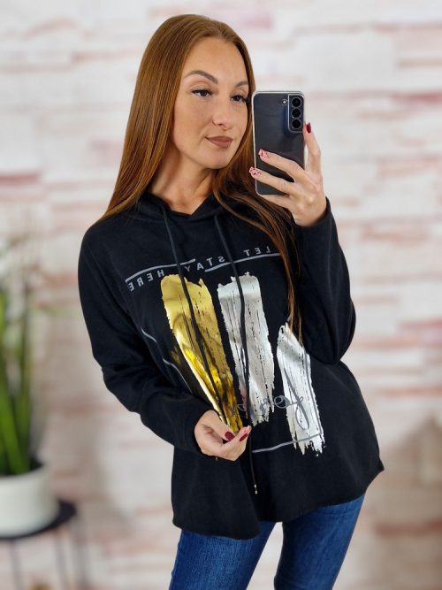 Kapucnis, mikroplüss anyagú, ejtett vállú pulóver M-L-XL