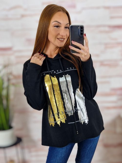 Kapucnis, mikroplüss anyagú, ejtett vállú pulóver M-L-XL