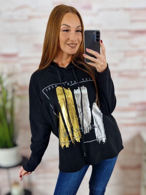 Kapucnis, mikroplüss anyagú, ejtett vállú pulóver M-L-XL