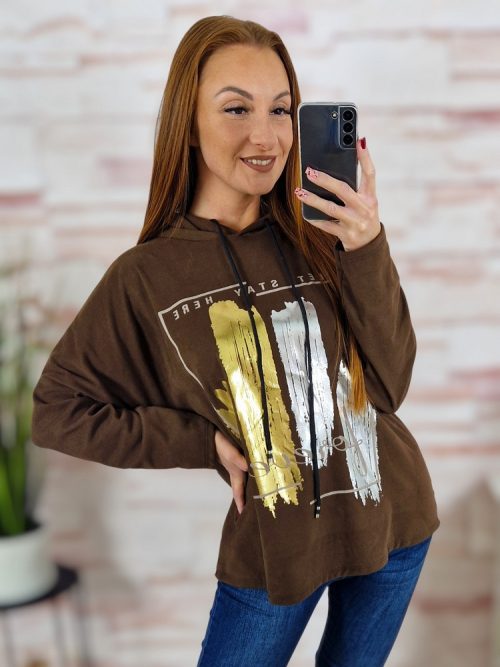 Kapucnis, mikroplüss anyagú, ejtett vállú pulóver M-L-XL