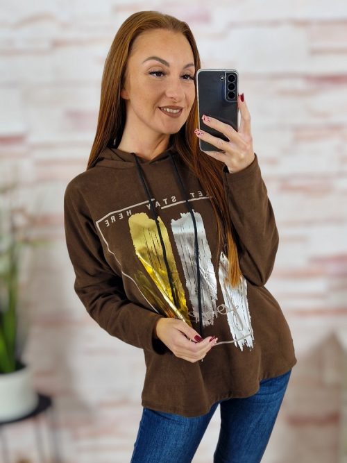 Kapucnis, mikroplüss anyagú, ejtett vállú pulóver M-L-XL