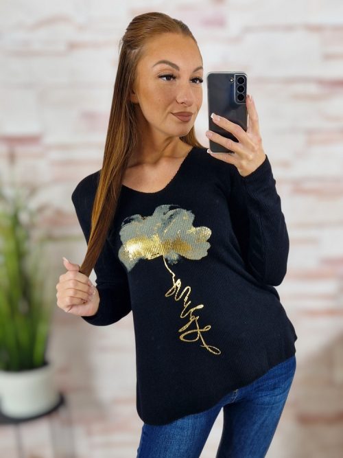 Mintás, gépi kötött anyagú, hosszú ujjú felső M-L