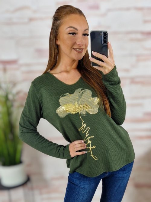 Mintás, gépi kötött anyagú, hosszú ujjú felső M-L