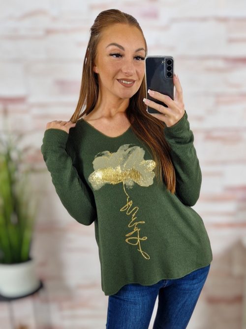 Mintás, gépi kötött anyagú, hosszú ujjú felső M-L