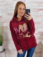 Kapucnis, bársonyos anyagú. ejtett vállú pulóver L-XL