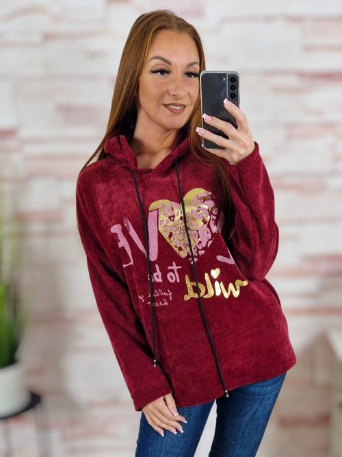 Kapucnis, bársonyos anyagú. ejtett vállú pulóver L-XL