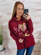 Kapucnis, bársonyos anyagú. ejtett vállú pulóver L-XL