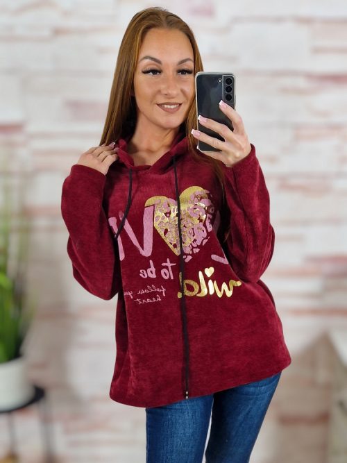 Kapucnis, bársonyos anyagú. ejtett vállú pulóver L-XL