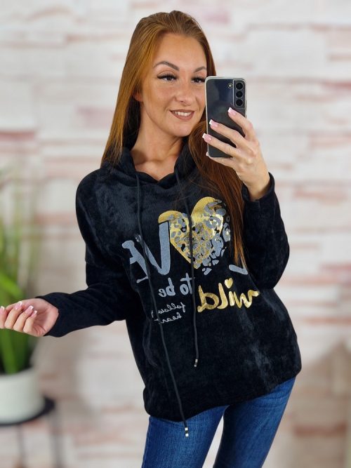 Kapucnis, bársonyos anyagú. ejtett vállú pulóver L-XL