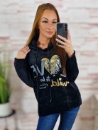 Kapucnis, bársonyos anyagú. ejtett vállú pulóver L-XL