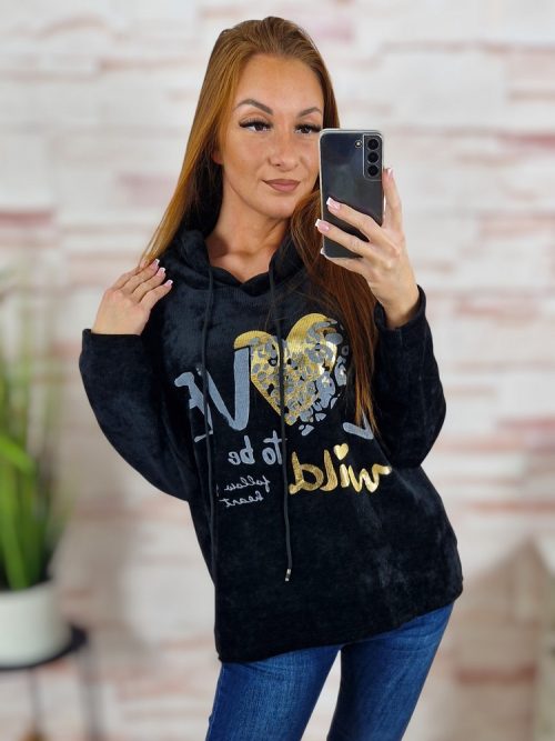 Kapucnis, bársonyos anyagú. ejtett vállú pulóver L-XL