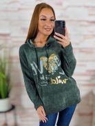 Kapucnis, bársonyos anyagú. ejtett vállú pulóver L-XL