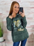 Kapucnis, bársonyos anyagú. ejtett vállú pulóver L-XL