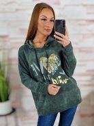 Kapucnis, bársonyos anyagú. ejtett vállú pulóver L-XL