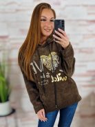 Kapucnis, bársonyos anyagú. ejtett vállú pulóver L-XL