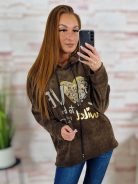 Kapucnis, bársonyos anyagú. ejtett vállú pulóver L-XL