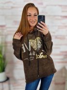 Kapucnis, bársonyos anyagú. ejtett vállú pulóver L-XL