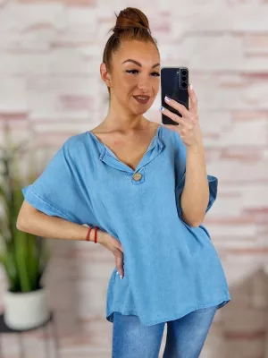 Farmerhatású, 100% tencel anyagú, díszgombos felső L-XL