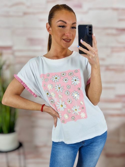 Virágmintás, fodros ujjú, pamut felső S-M-L