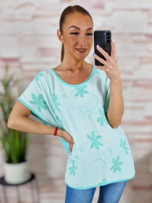 Virágmintás hímzett díszítésű, rövid ujjú felső L-XL