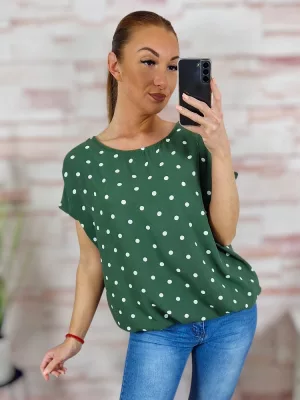 Pöttyös, rövid ujjú, gumis aljú felső M-L