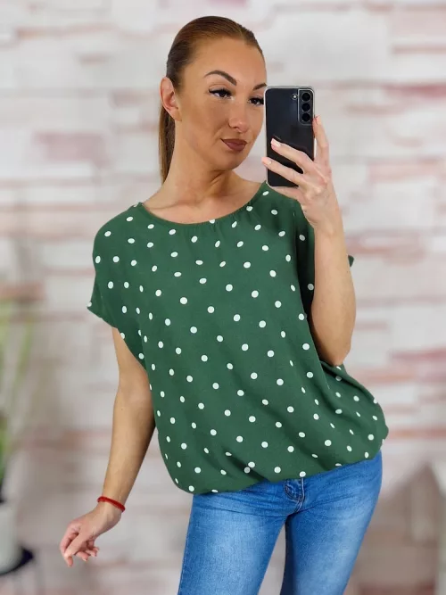 Pöttyös, rövid ujjú, gumis aljú felső M-L