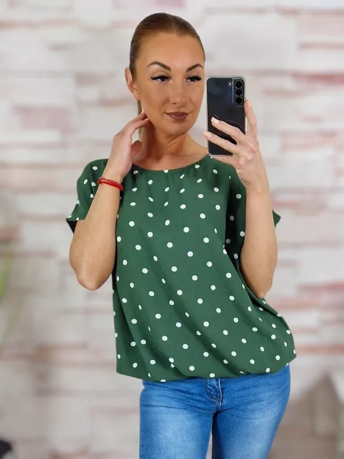 Pöttyös, rövid ujjú, gumis aljú felső M-L