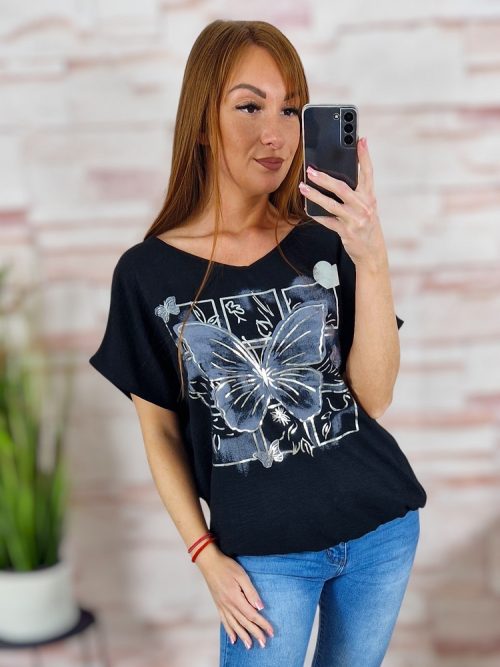 Pillangó mintás, rövid ujjú, gumis aljú felső M-L