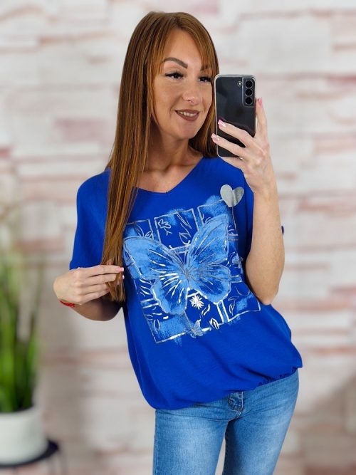 Pillangó mintás, rövid ujjú, gumis aljú felső M-L