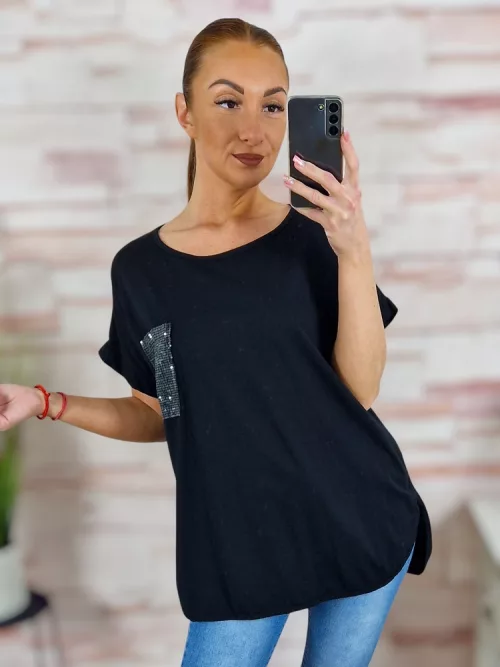 Zsebnél flitteres, rövid ujjú, pamut felső L-XL