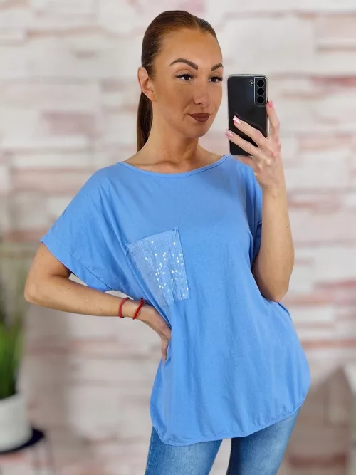 Zsebnél flitteres, rövid ujjú, pamut felső L-XL