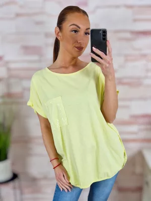 Zsebnél flitteres, rövid ujjú, pamut felső L-XL