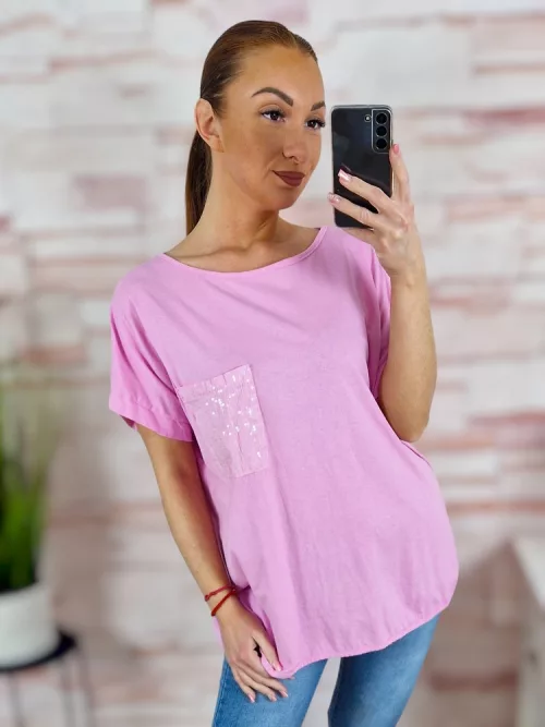 Zsebnél flitteres, rövid ujjú, pamut felső L-XL