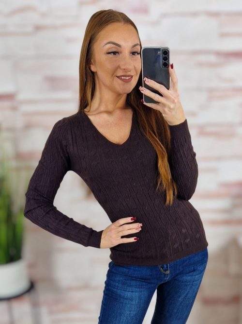 Anyagában csavart mintás, v nyakú, gépi kötött anyagú felső XS-S-M