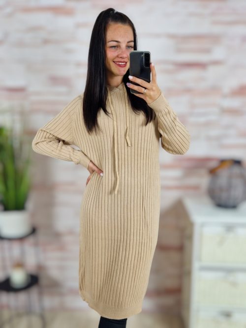 Kapucnis, bordázott, gépi kötött anyagú, hosszú ruha S-M-L