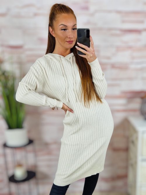 Kapucnis, bordázott, gépi kötött anyagú, hosszú ruha S-M-L