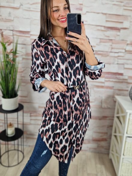 Elől hosszított, mintás, roll-up ujjú, öves ruha/tunika S-M,L-XL
