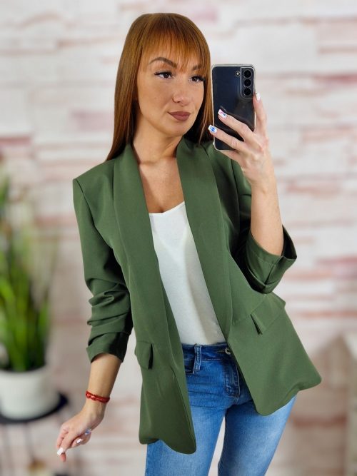 Húzott ujjú, válltöméses, nyitott blézer M-L